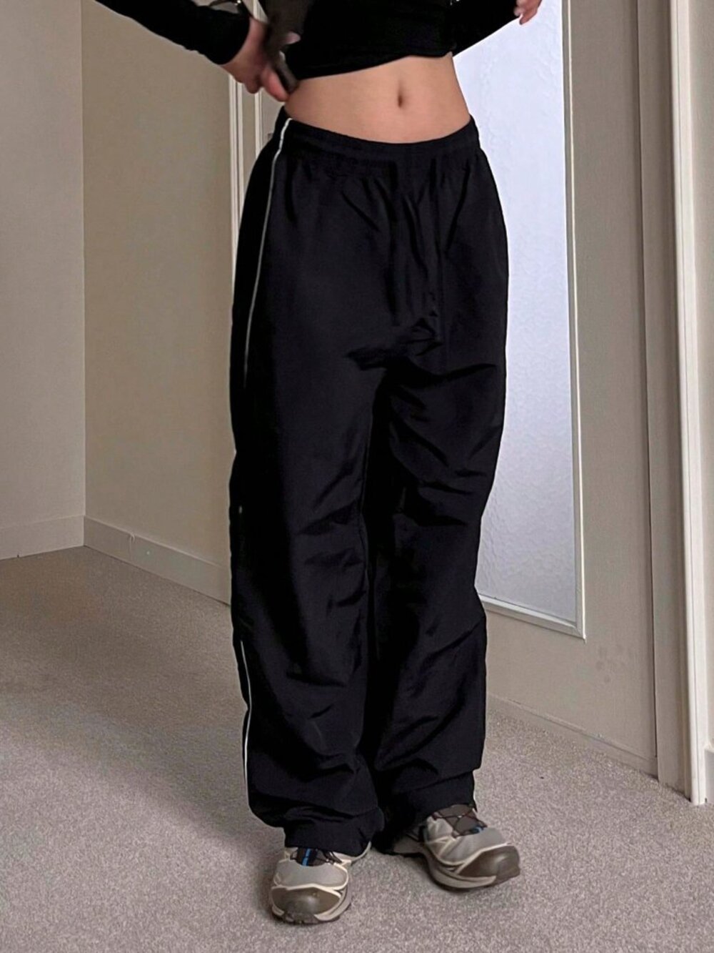 Black Casual Women's Loose Low Waist Baggy Long Pants - Picture 6 of 10